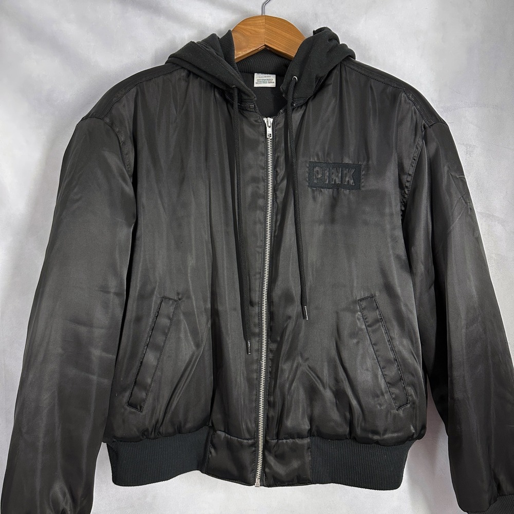 Y2K PINK Black Satin PINK LOVE Logo Hooded Bomber Jacket Women's Size Large‎